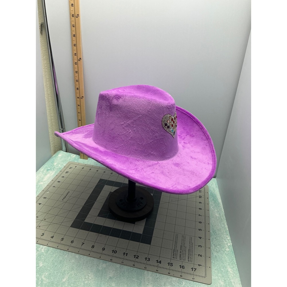 Purple Fuzzy Velvet Cowboy Hat Rhinestone Heart Star Embellished Western Glam - Picture 2 of 7